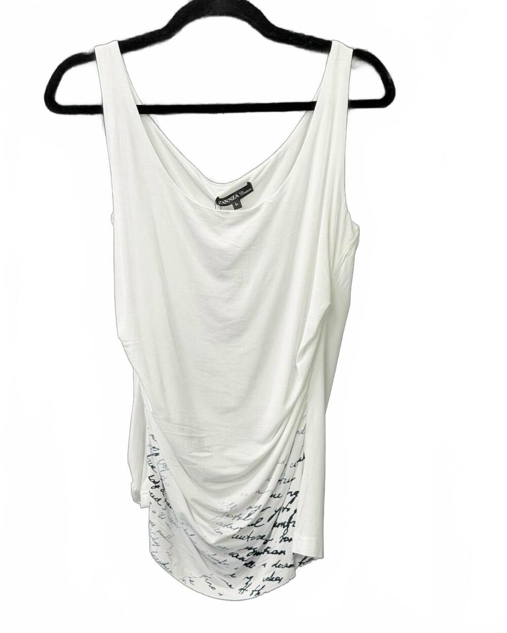 NEW ZANNZA COUTURE women's ruched tank top with writing in white